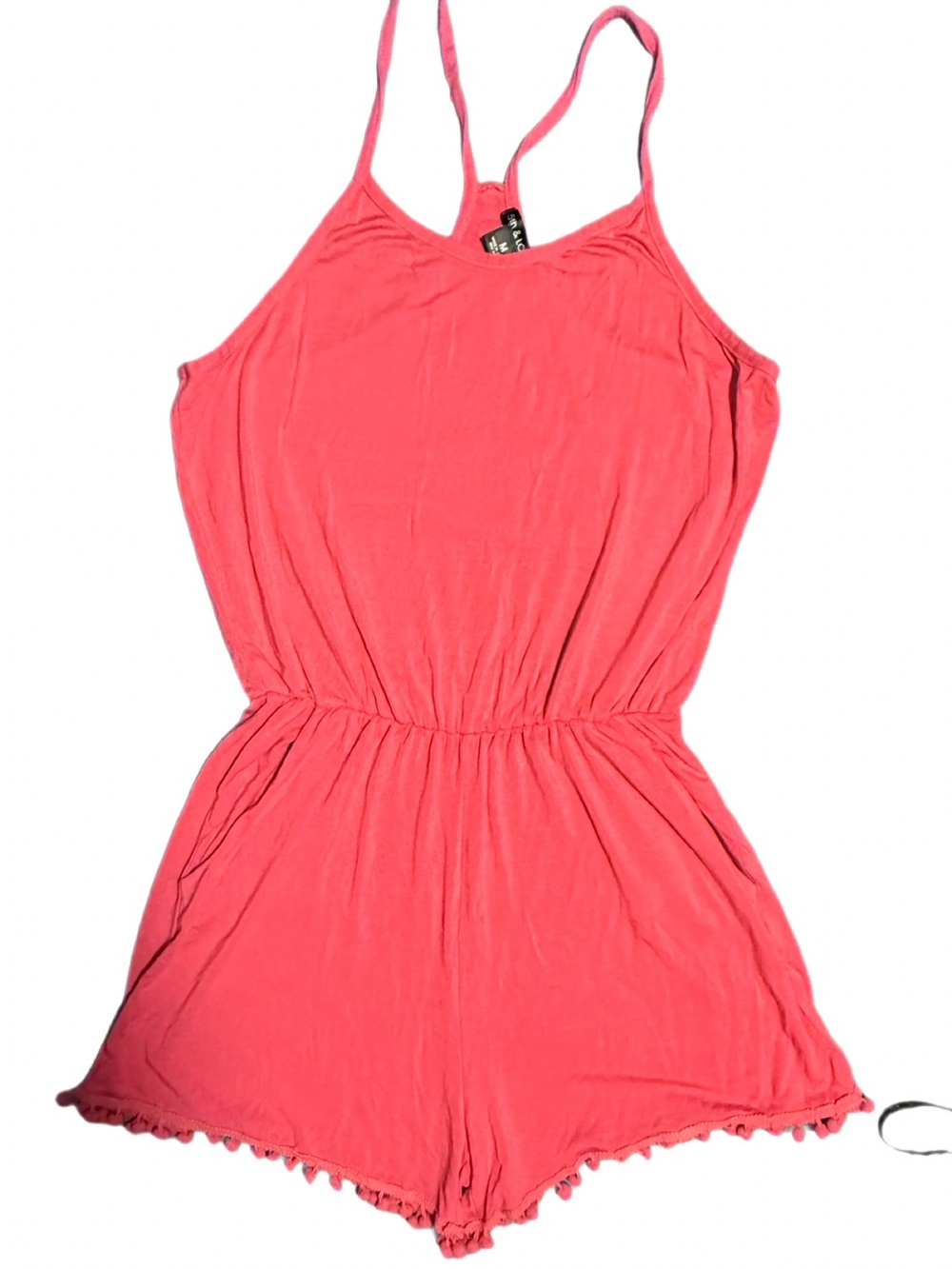 5th & Love Pink Coral Romper Pom-Trim Shorts Racerback Tank Womens Medium